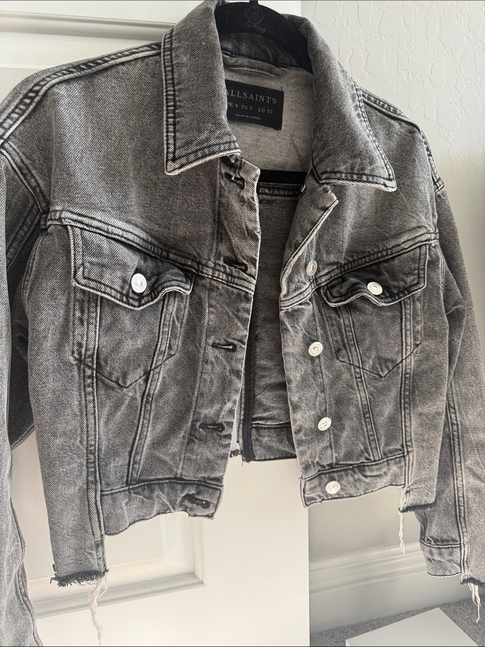 AllSaints Cropped Distressed Denim Jacket — Washed Gray